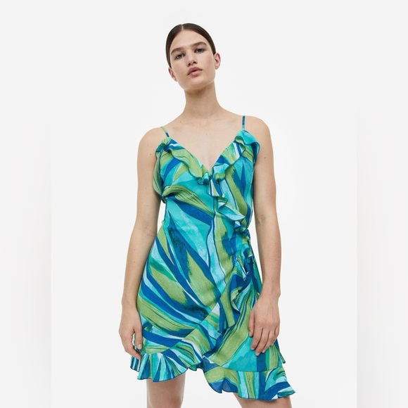 H&M Flounce-trimmed Wrap Dress Ruffle Blue Green Print sz Small - Picture 1 of 9